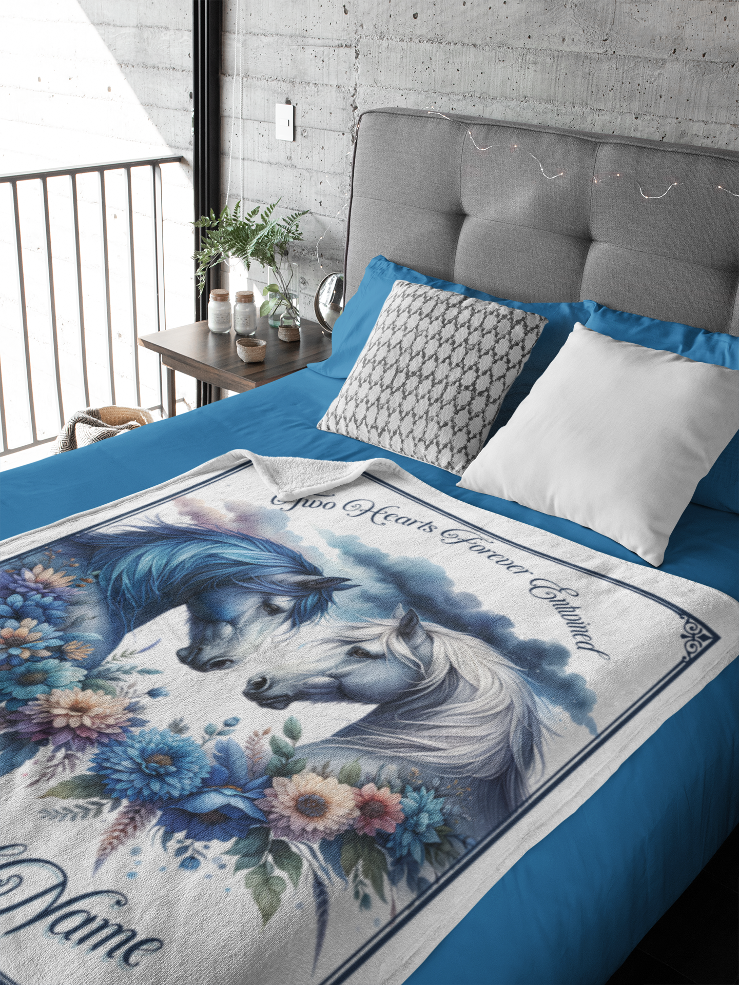Personalized Two Hearts Blue and Grey Horses Couples Throw Blanket - 50"x60" Custom Names Blanket