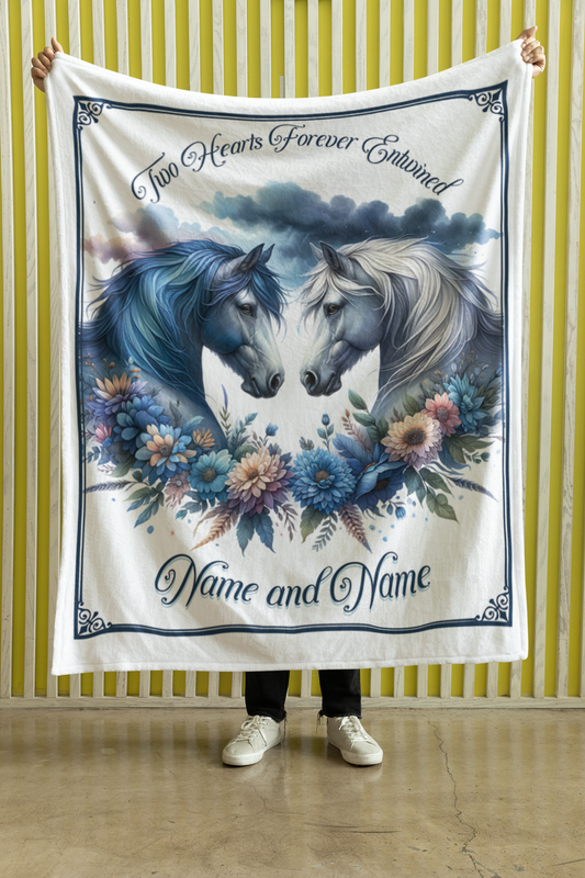 Personalized Two Hearts Blue and Grey Horses Couples Throw Blanket - 50"x60" Custom Names Blanket