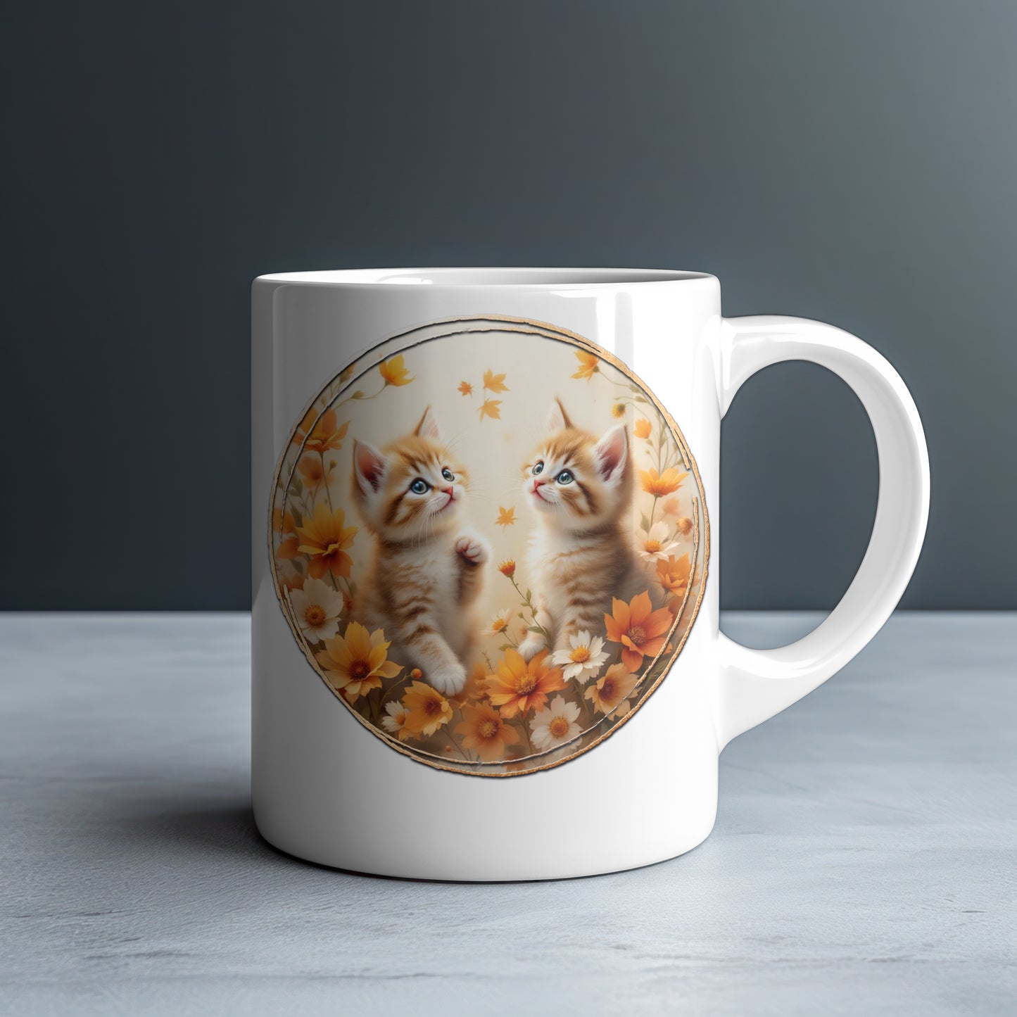 Personalized Two Ginger Tabby Kittens with Golden Wildflowers Mug — Custom Name Gift