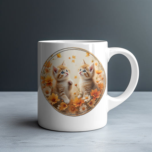 Personalized Two Ginger Tabby Kittens with Golden Wildflowers Mug — Custom Name Gift