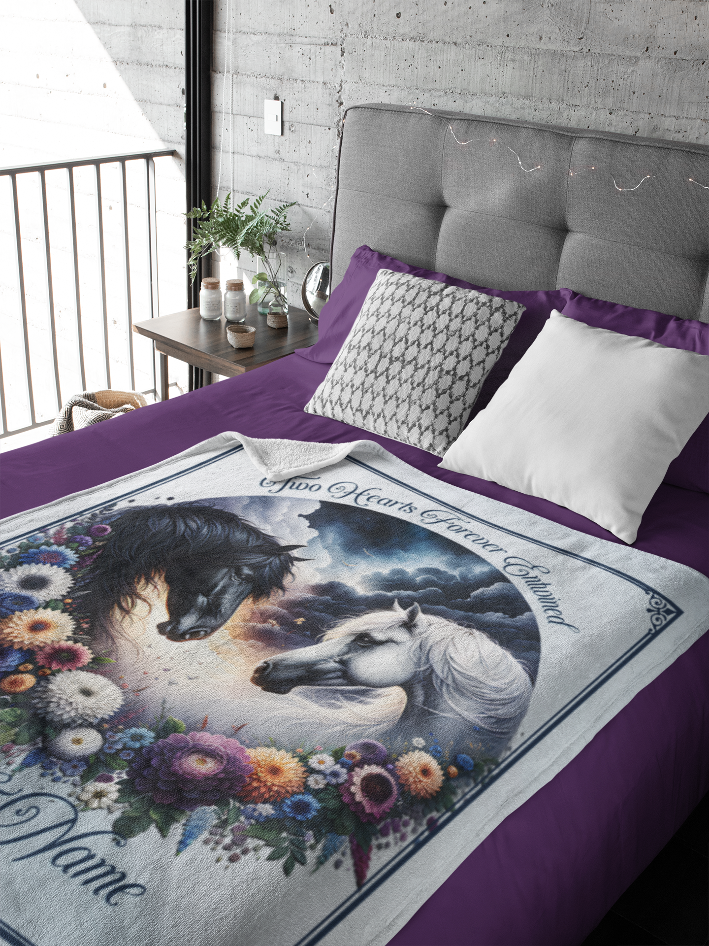 Personalized Two Hearts Black and White Horses Couples Throw Blanket - 50"x60" Custom Names Blanket
