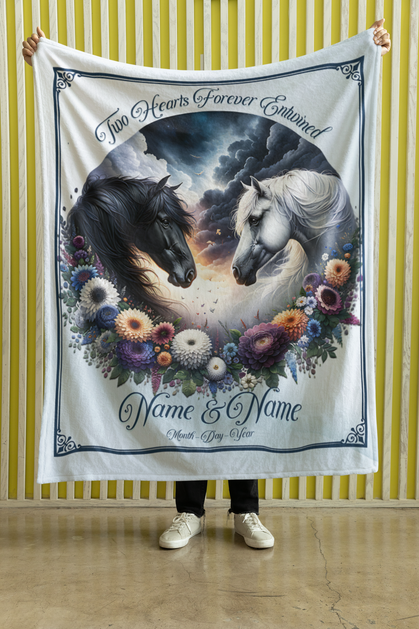 Personalized Two Hearts Black and White Horses Couples Throw Blanket - 50"x60" Custom Names Blanket