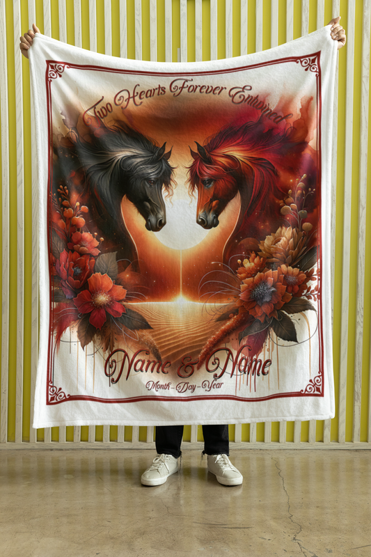 Personalized Black and Red Arabian Horses Sunrise Throw Blanket - 50"x60" Custom Name Blanket