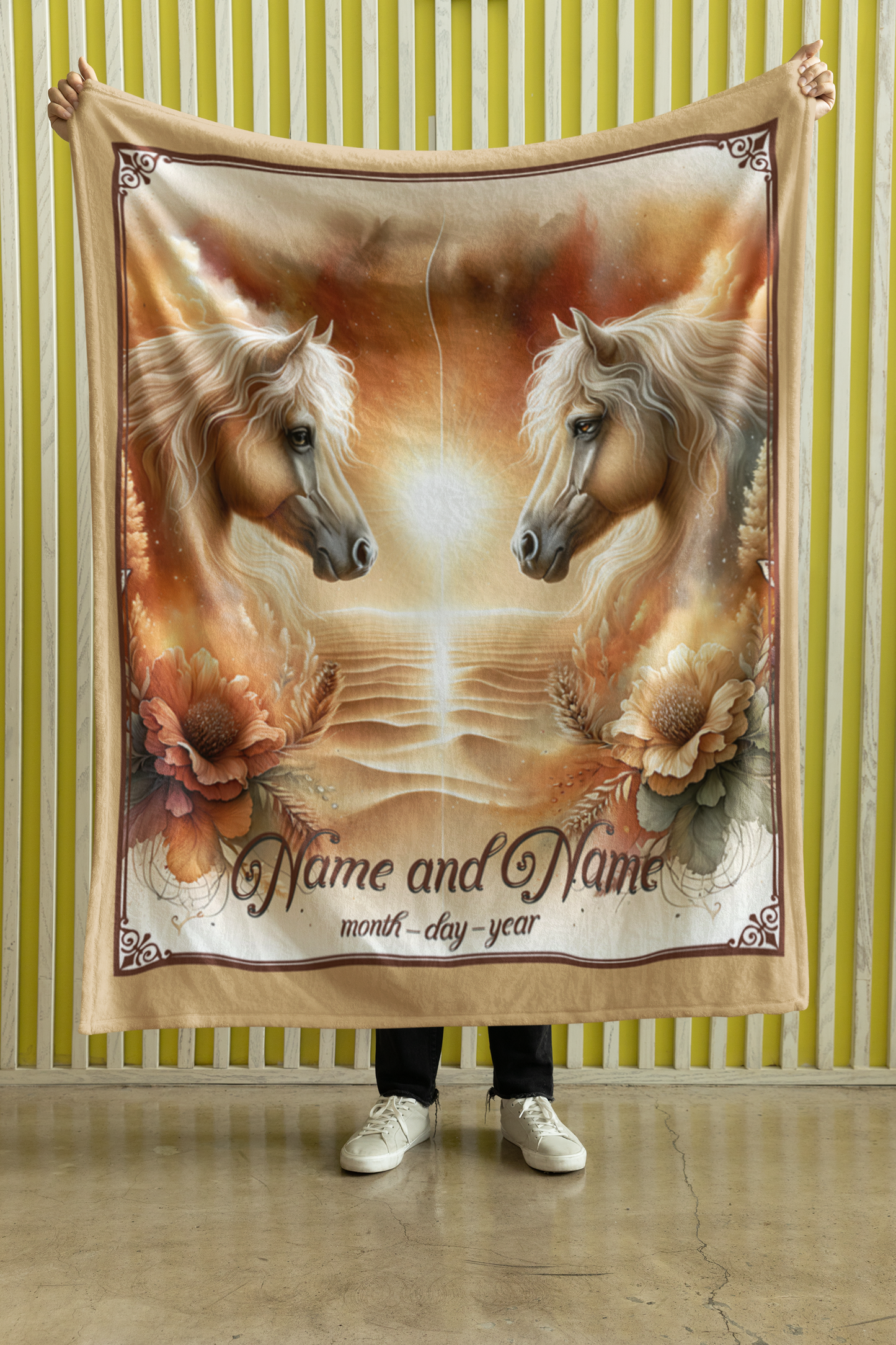 Personalized Two Palomino Horses Sunrise Couples Throw Blanket - 50"x60" Custom Name Blanket