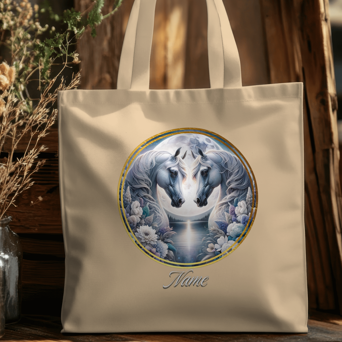 Personalized Two White Horses Full Moon Eco Tote Bag
