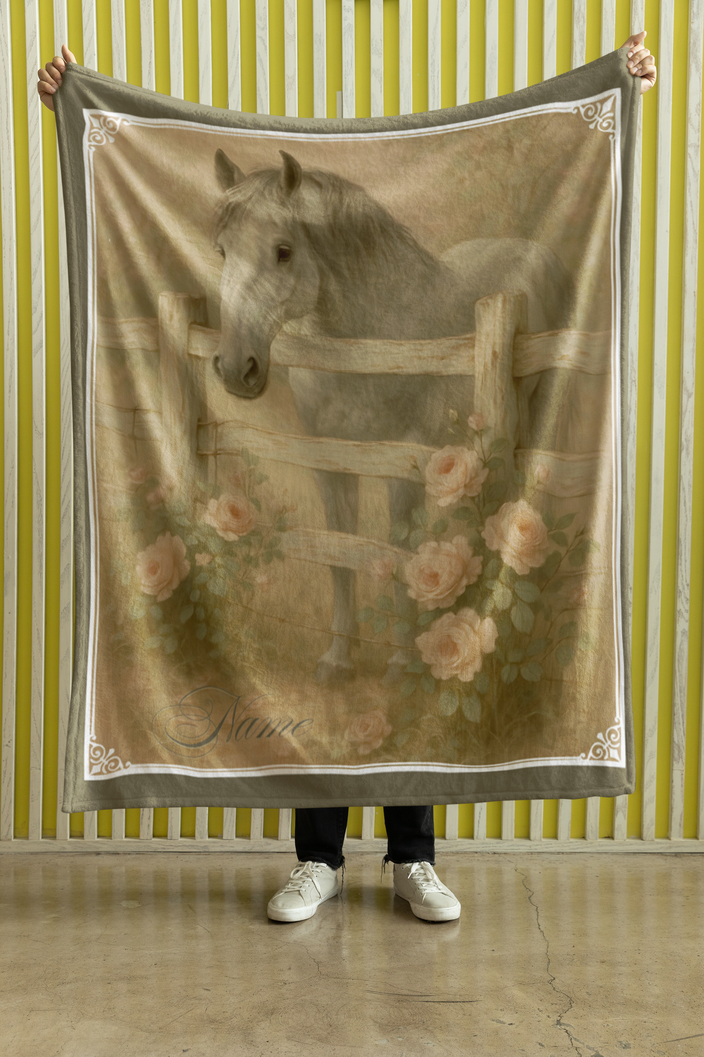 Personalized Vintage Style Grey Horse by the Fence Throw Blanket - 50"x60" Custom Name Blanket