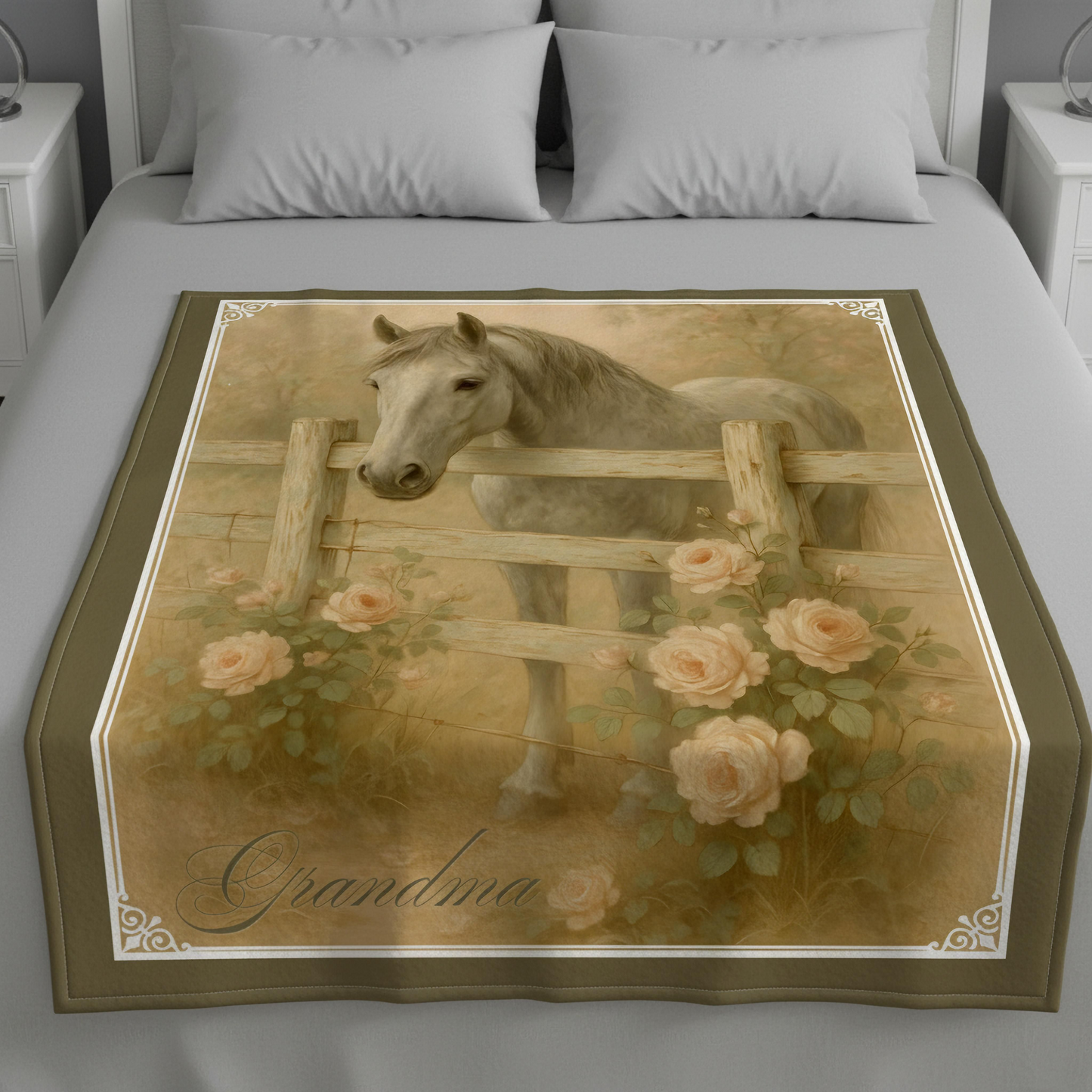 Personalized Vintage Style Grey Horse by the Fence Throw Blanket - 50"x60" Custom Name Blanket