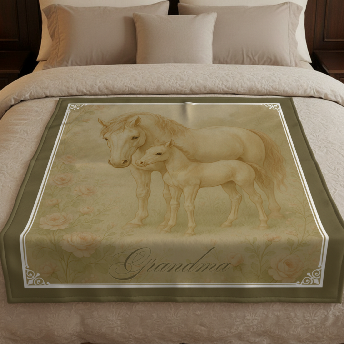 Personalized Vintage Look Mare and Colt Throw Blanket - 50"x60" Custom Name Blanket