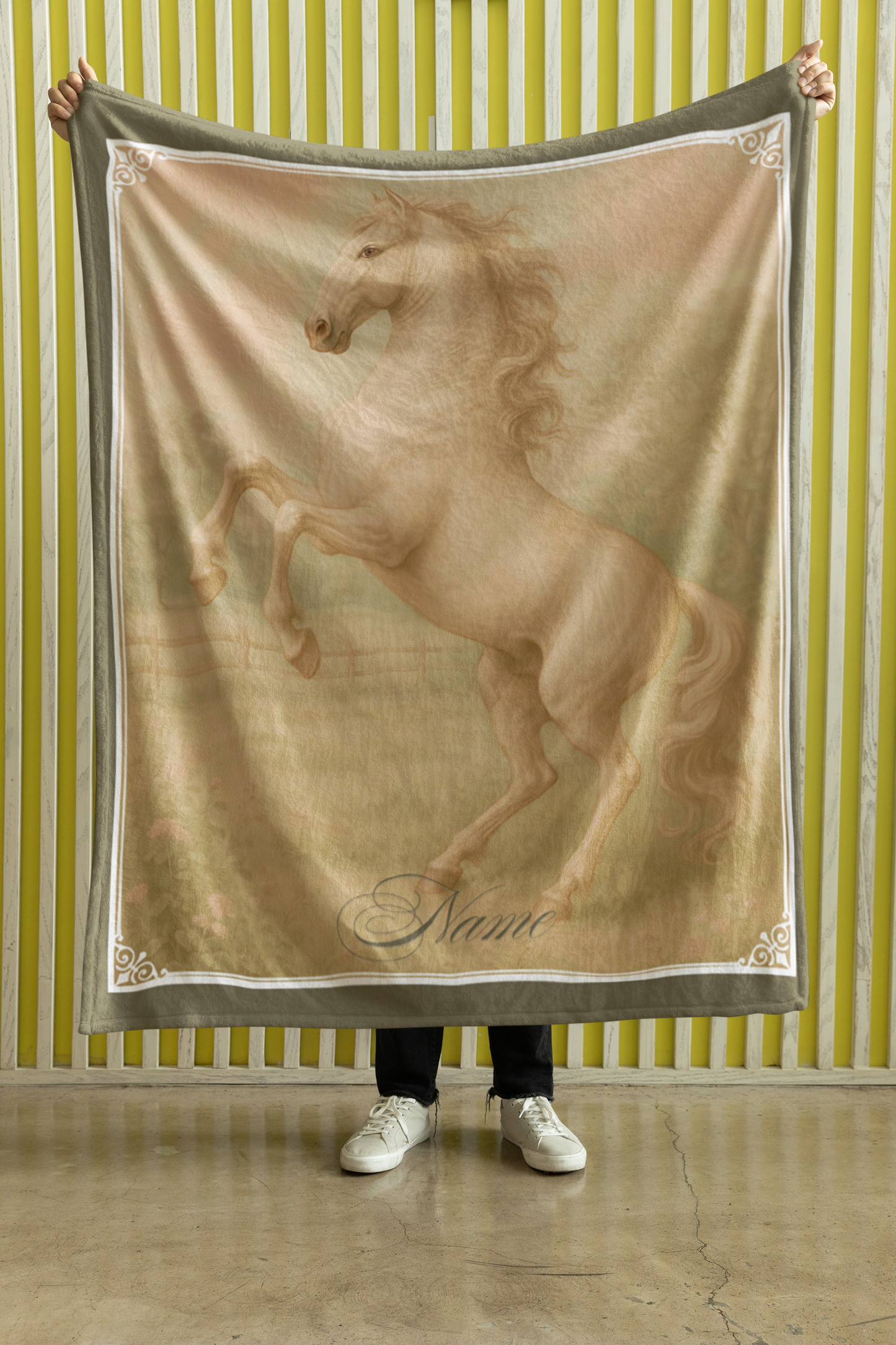 Personalized Vintage Look White Stallion Rearing in a Meadow Throw Blanket - 50"x60" Custom Name Blanket