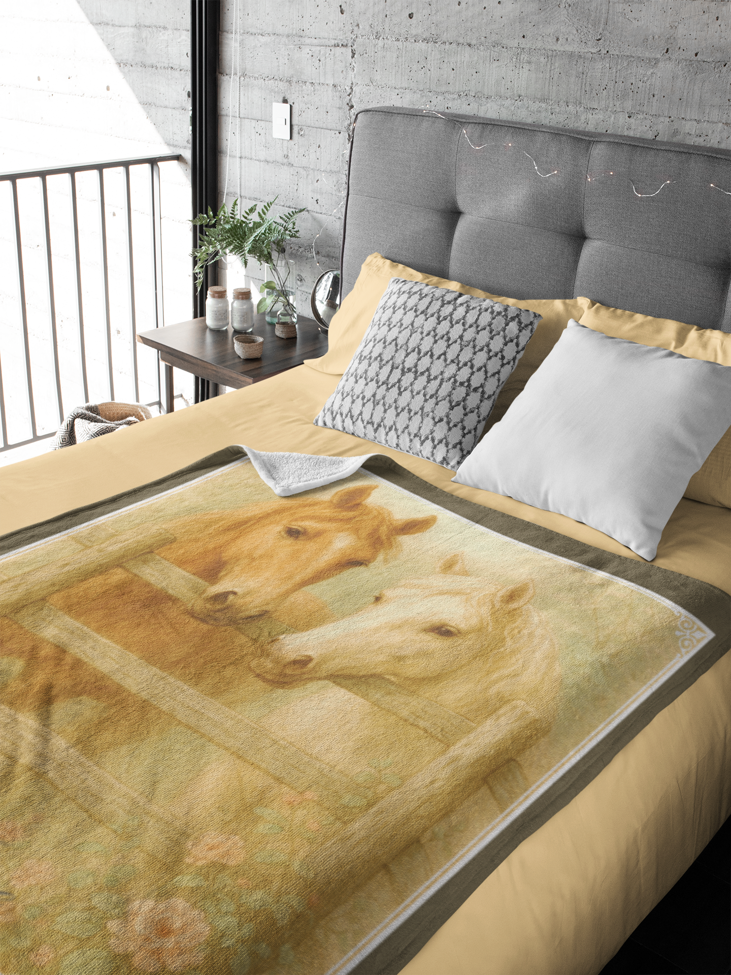 Personalized Vintage Style Two Horses by the Fence Throw Blanket - 50"x60" Custom Name Blanket