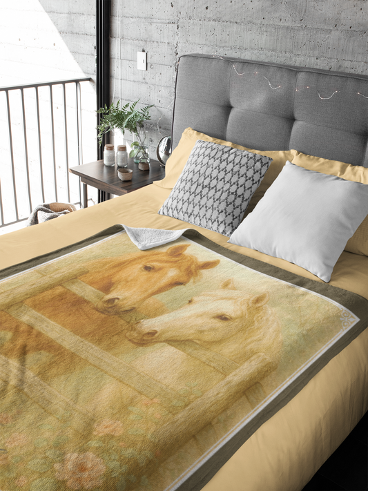 Personalized Vintage Style Two Horses by the Fence Throw Blanket - 50"x60" Custom Name Blanket