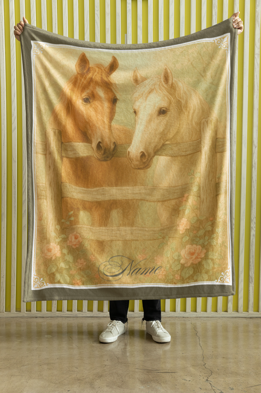 Personalized Vintage Style Two Horses by the Fence Throw Blanket - 50"x60" Custom Name Blanket