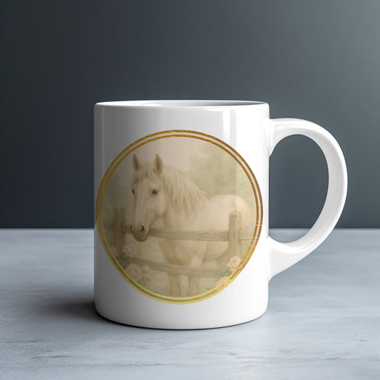 Vintage Style White Horse Personalized White Glossy Mug