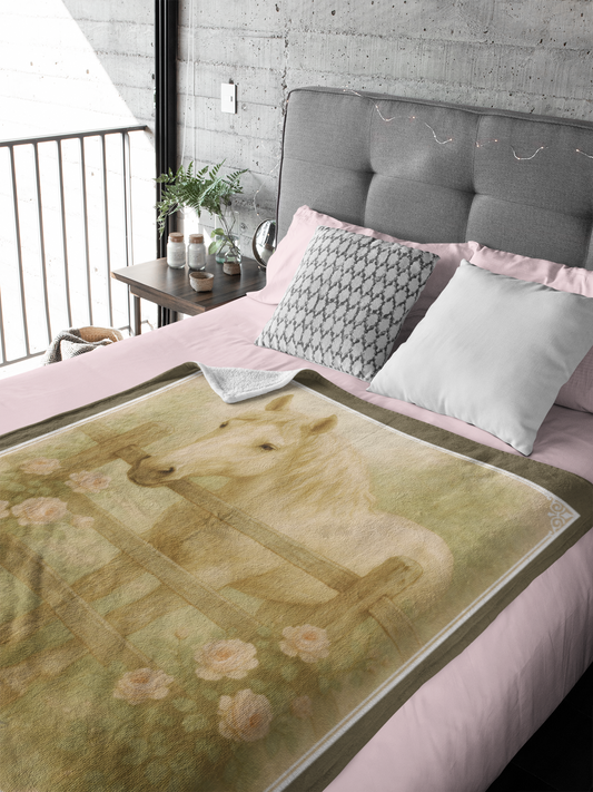 Personalized Vintage Look White Horse by the Fence Throw Blanket - 50"x60" Custom Name Blanket