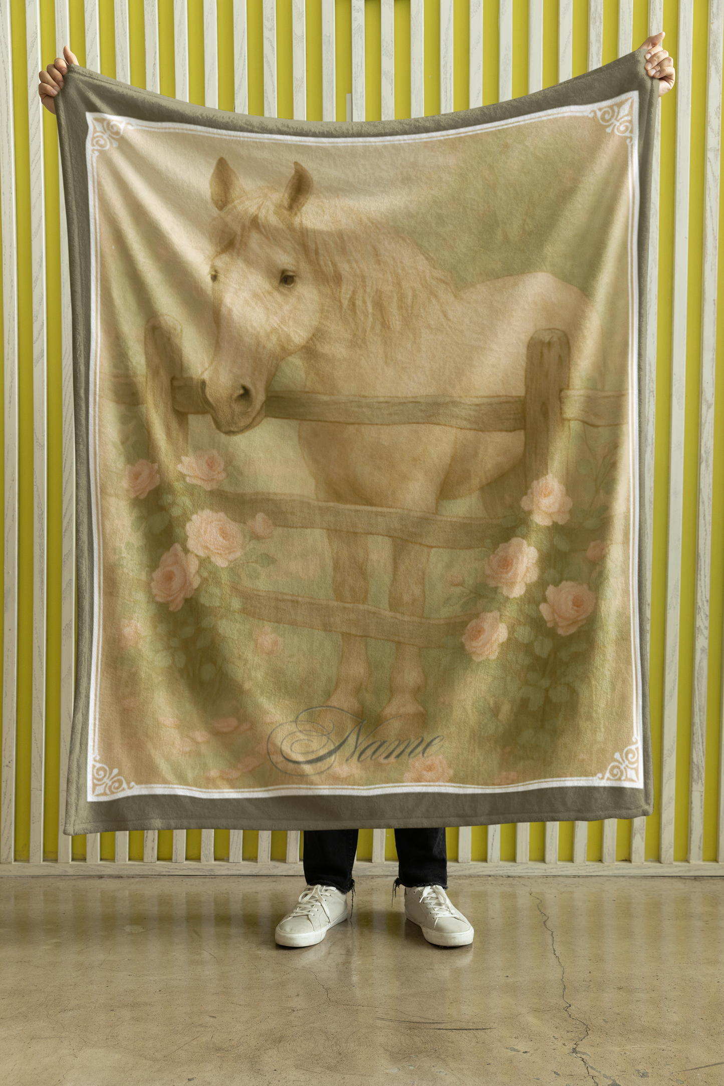 Personalized Vintage Look White Horse by the Fence Throw Blanket - 50"x60" Custom Name Blanket