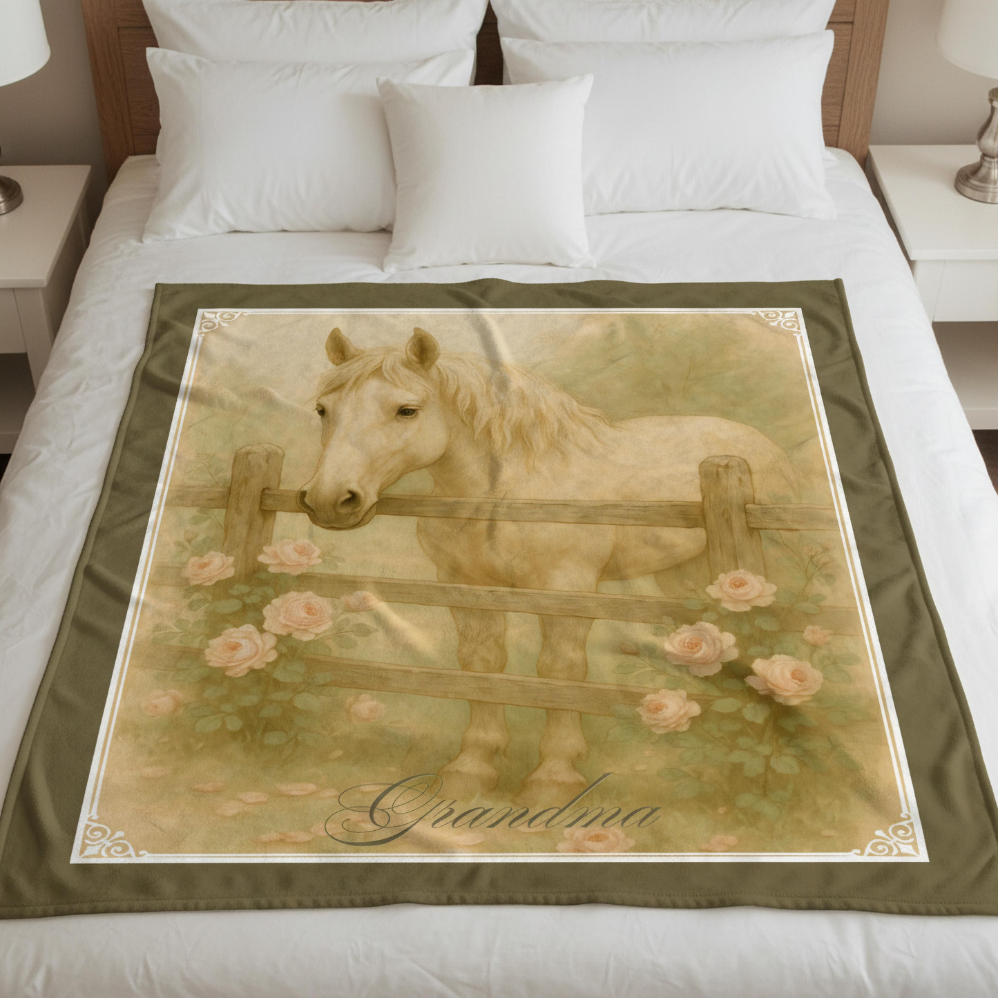 Personalized Vintage Look White Horse by the Fence Throw Blanket - 50"x60" Custom Name Blanket