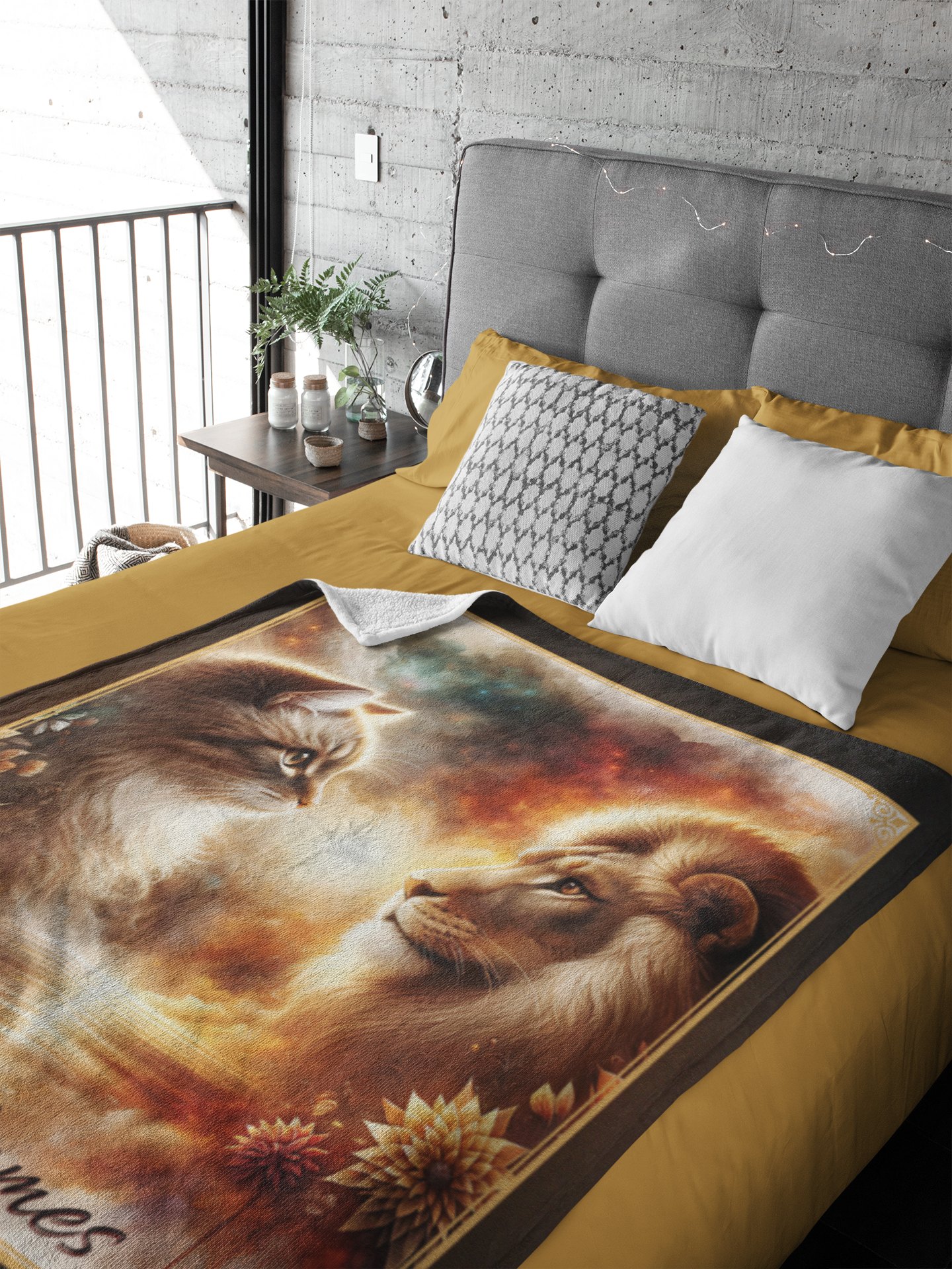 Personalized Cat & Lion Sunset Couple Throw Blanket — Custom Name Gift