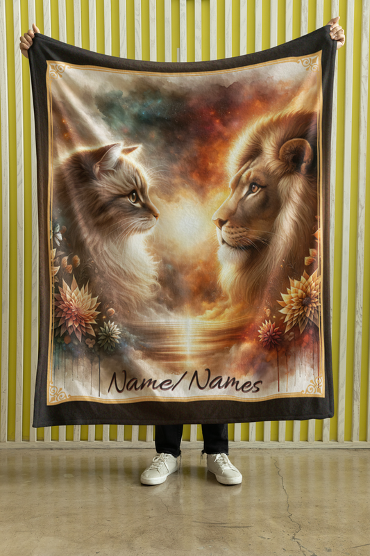 Personalized Cat & Lion Sunset Couple Throw Blanket — Custom Name Gift