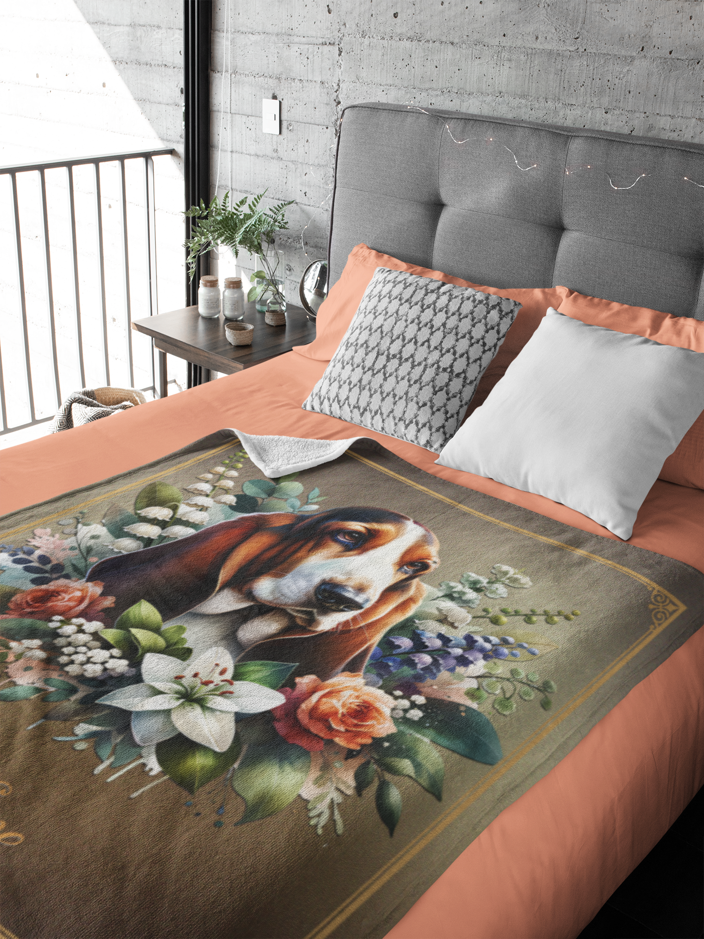 Personalized Basset Hound with Flowers Throw Blanket - 50"x60" Custom Name Blanket