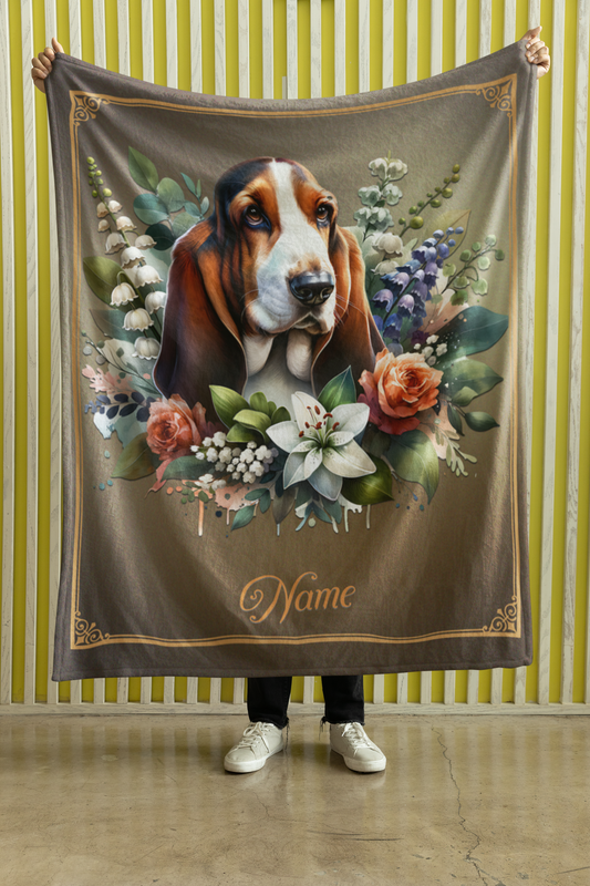 Personalized Basset Hound with Flowers Throw Blanket - 50"x60" Custom Name Blanket