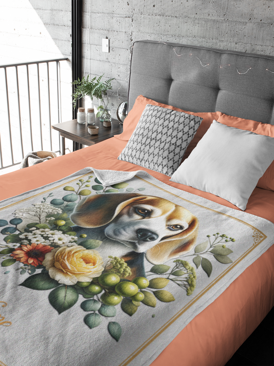 Personalized Beagle with Flowers Throw Blanket - 50"x60" Custom Name Blanket