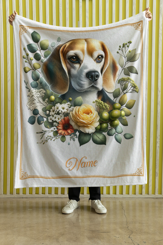 Personalized Beagle with Flowers Throw Blanket - 50"x60" Custom Name Blanket