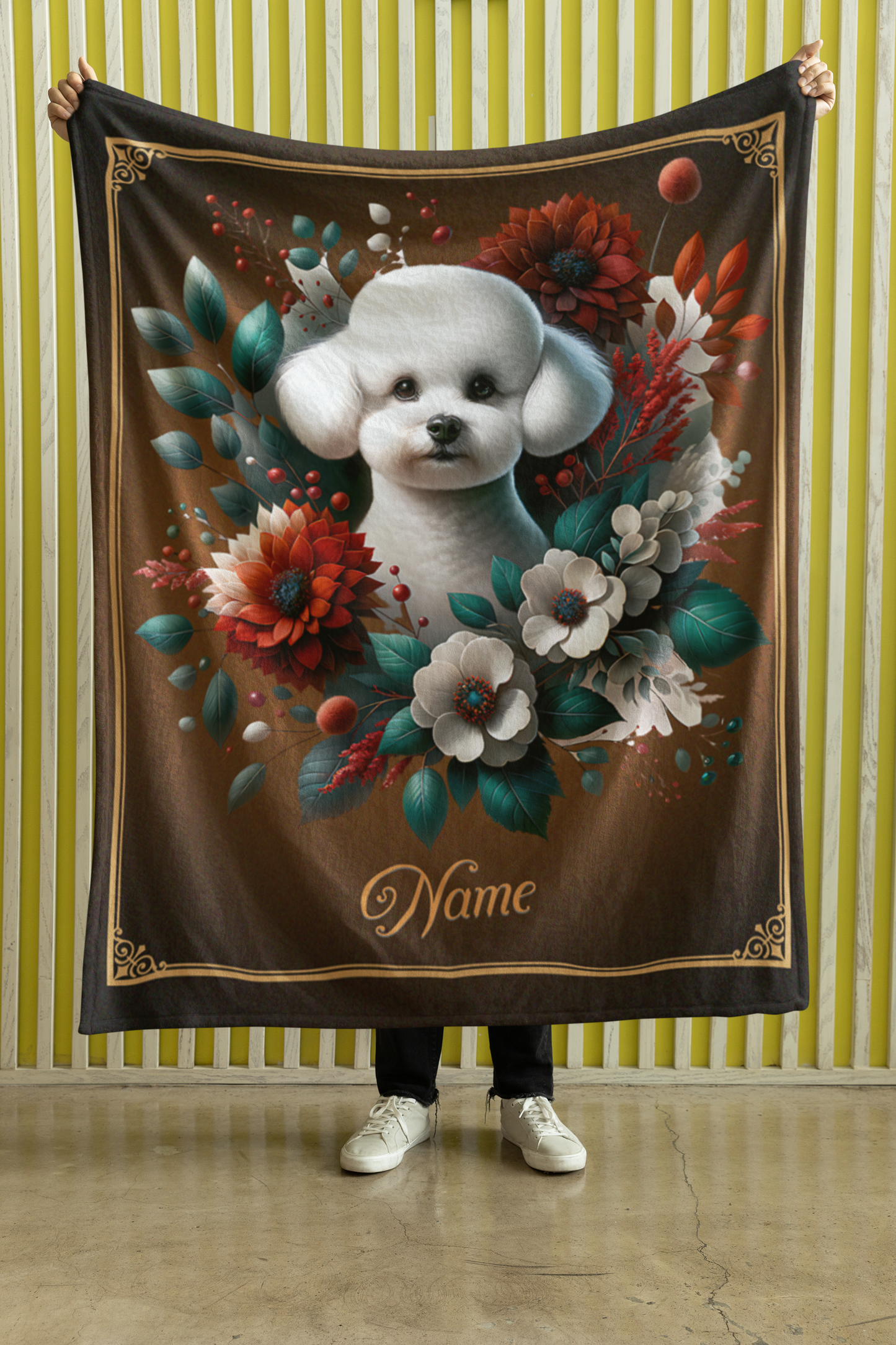 Personalized Bichon Frisé with Flowers Throw Blanket - 50"x60" Custom Name Blanket
