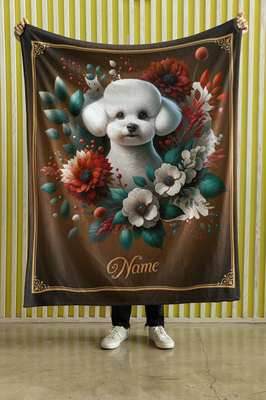 Personalized Bichon Frisé with Flowers Throw Blanket - 50"x60" Custom Name Blanket