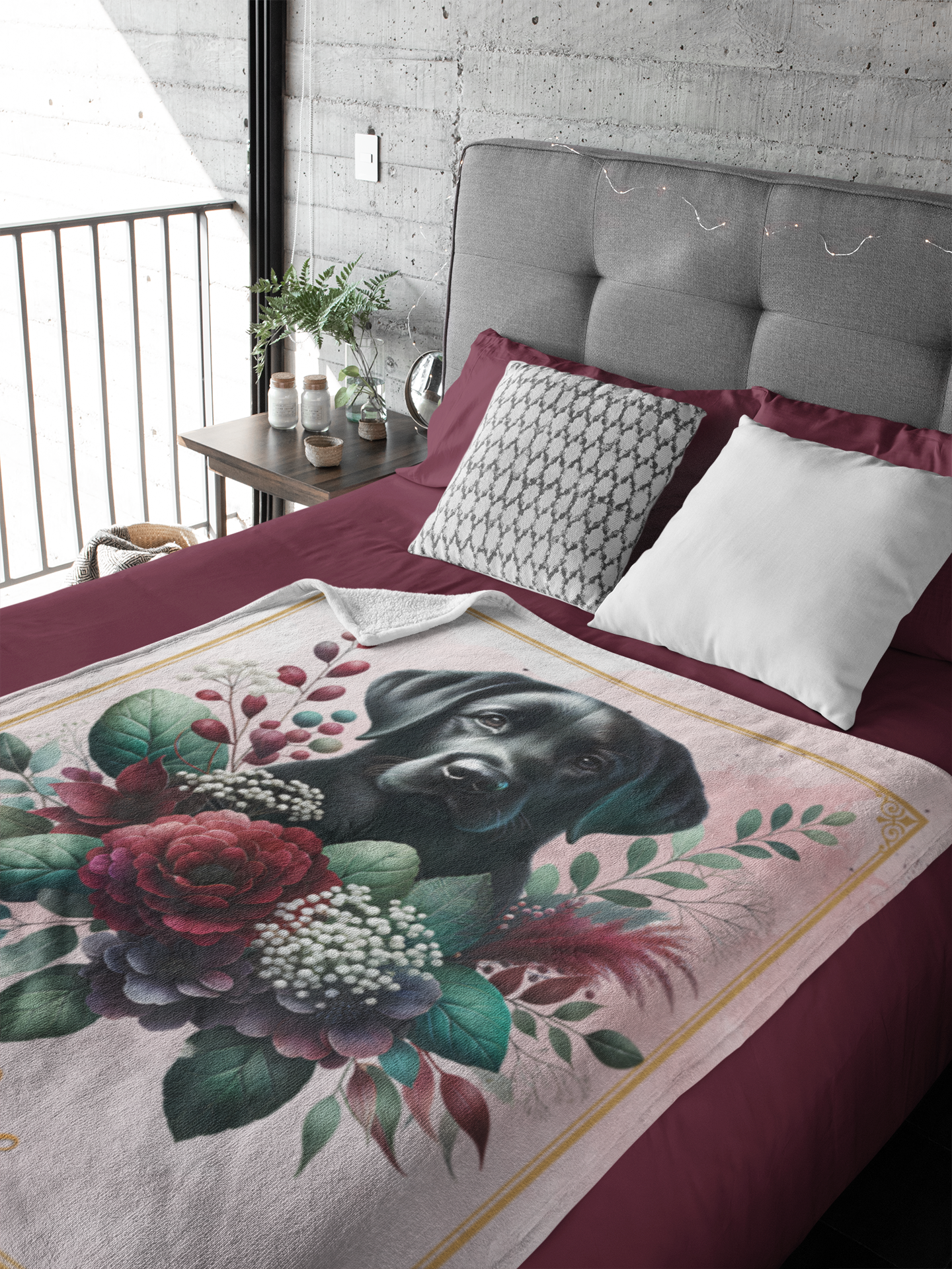 Personalized Black Labrador Retriever with Flowers Throw Blanket - 50"x60" Custom Name Blanket