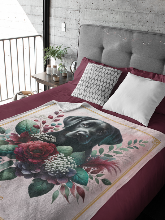 Personalized Black Labrador Retriever with Flowers Throw Blanket - 50"x60" Custom Name Blanket