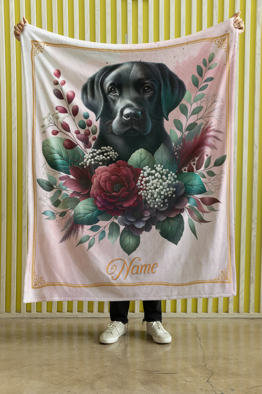 Personalized Black Labrador Retriever with Flowers Throw Blanket - 50"x60" Custom Name Blanket