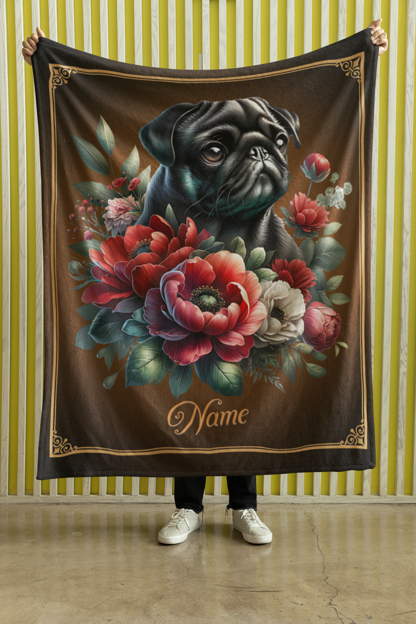 Personalized Black Pug with Flowers Throw Blanket - 50"x60" Custom Name Blanket
