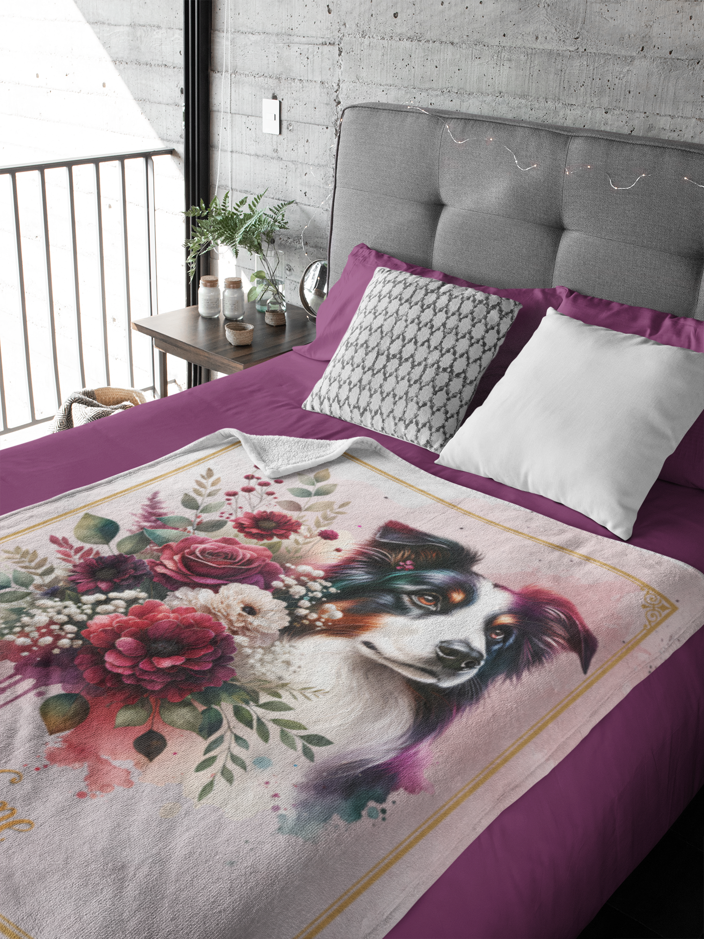 Personalized Border Collie with Flowers Throw Blanket - 50"x60" Custom Name Blanket