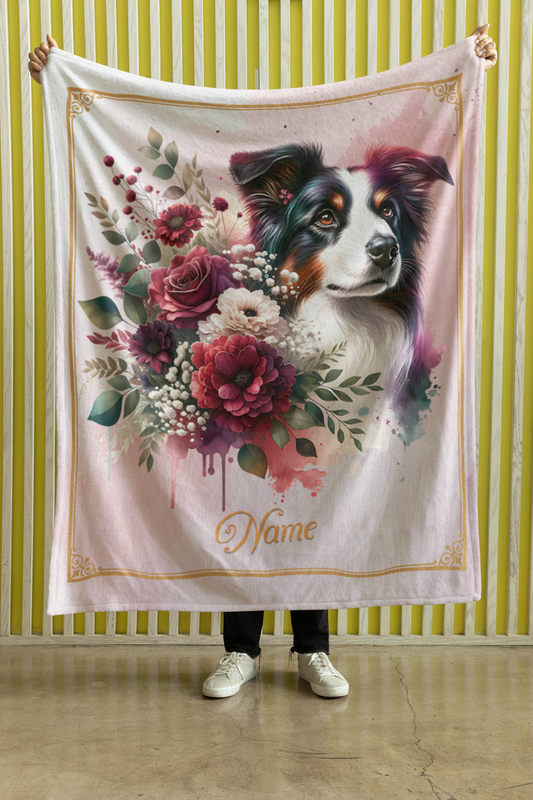 Personalized Border Collie with Flowers Throw Blanket - 50"x60" Custom Name Blanket