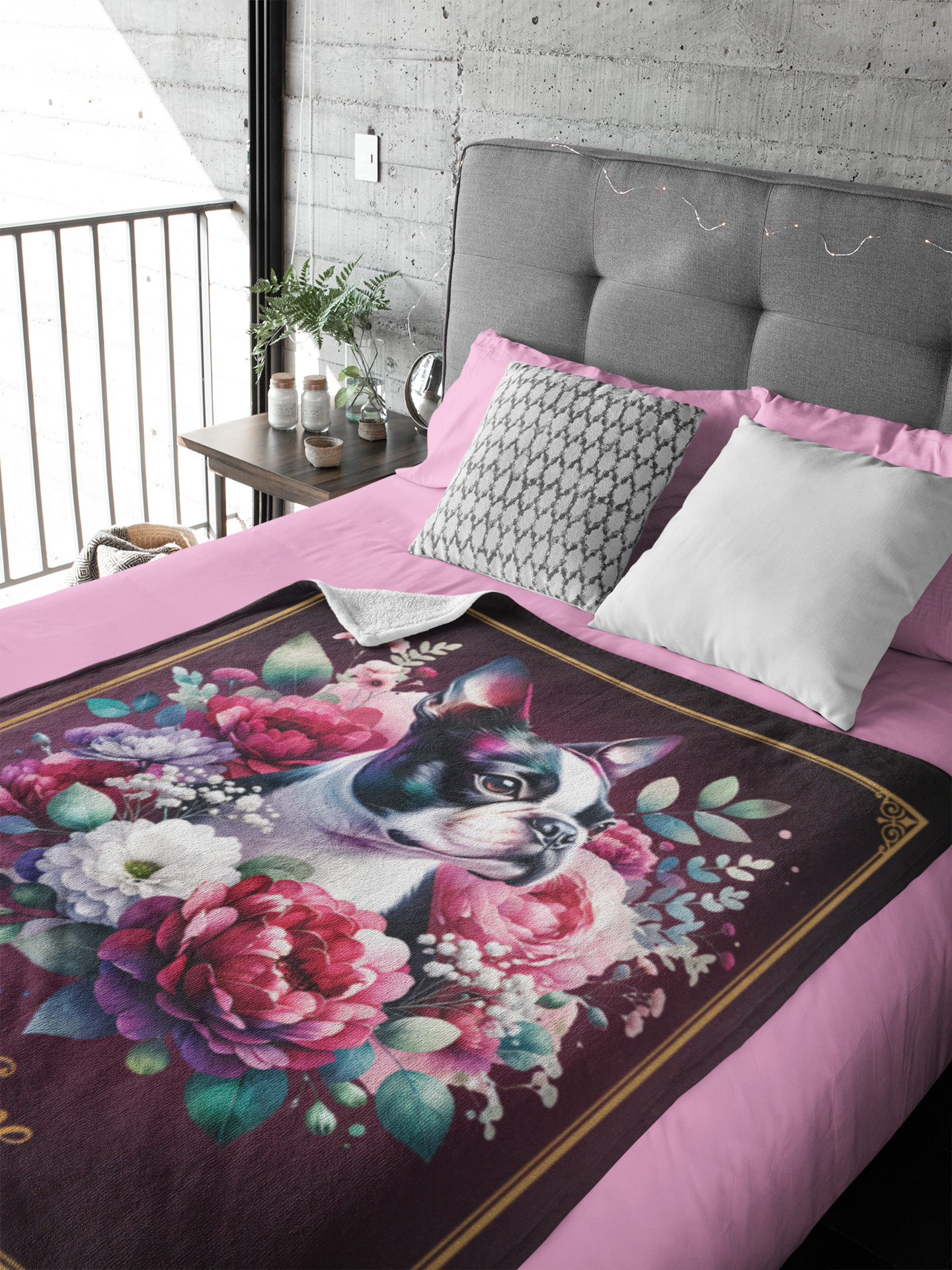 Personalized Boston Terrier with Flowers Throw Blanket - 50"x60" Custom Name Blanket
