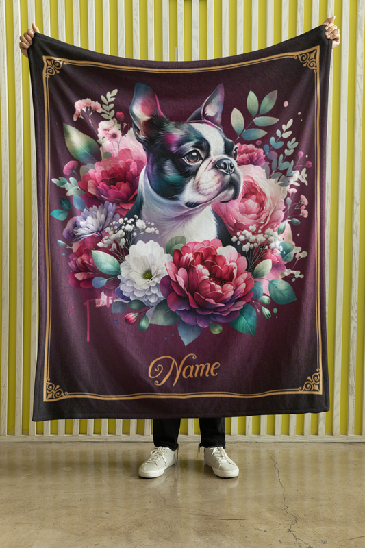 Personalized Boston Terrier with Flowers Throw Blanket - 50"x60" Custom Name Blanket