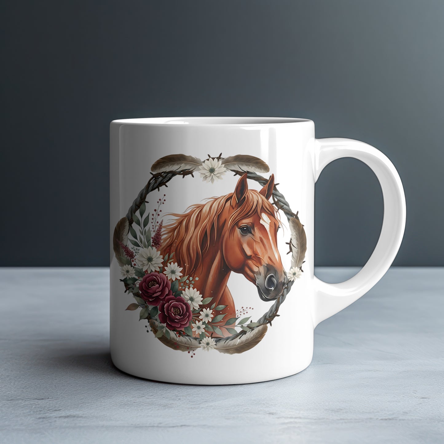 Chestnut Horse in Rope Wreath Personalized White Glossy Mug