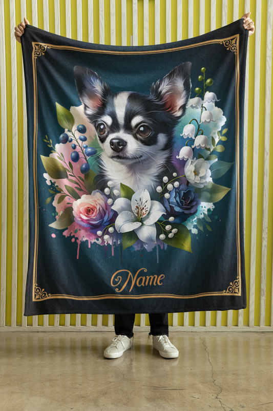 Personalized Chihuahua with Flowers Throw Blanket - 50"x60" Custom Name Blanket