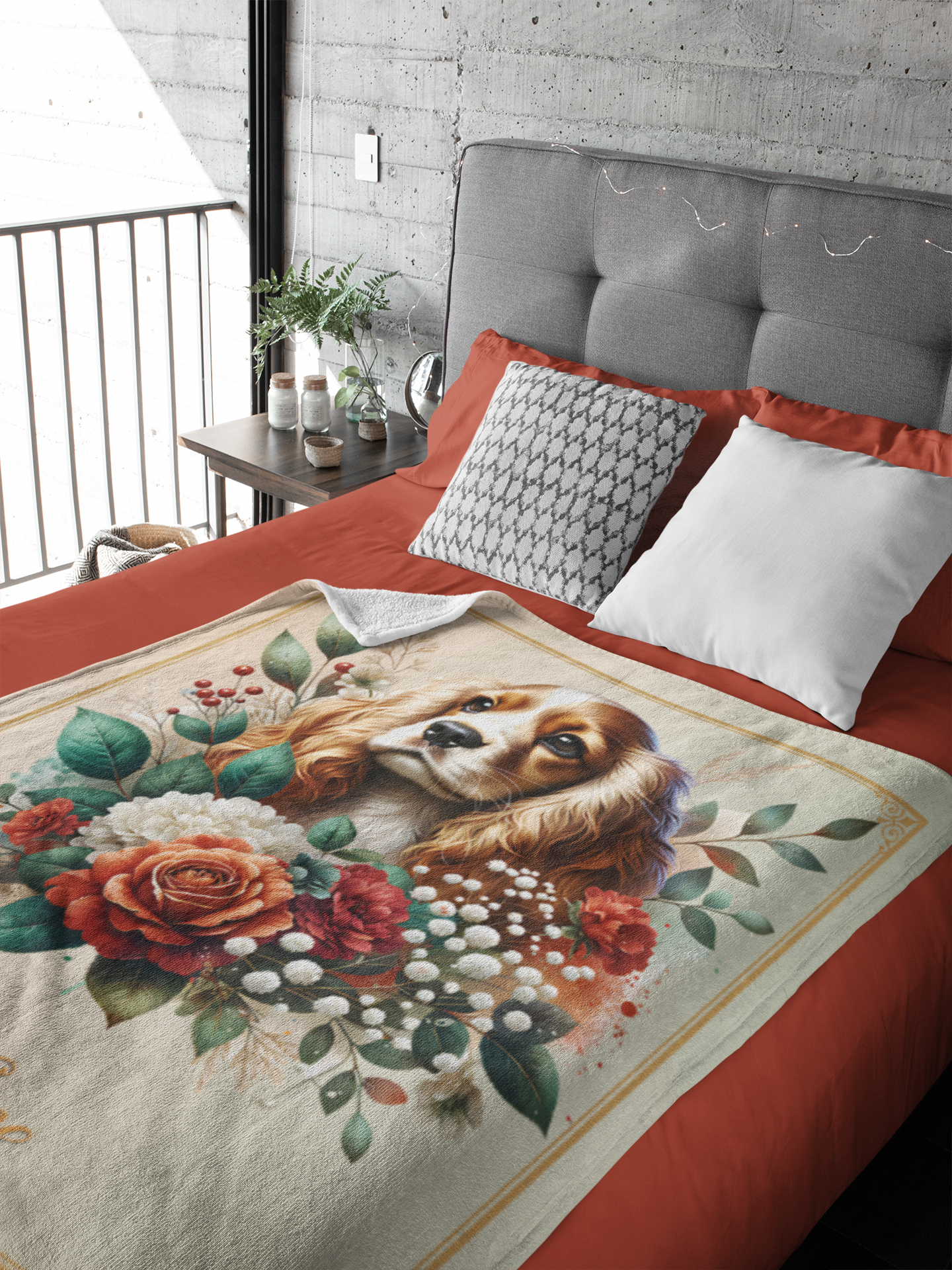 Personalized Cocker Spaniel with Flowers Throw Blanket - 50"x60" Custom Name Blanket