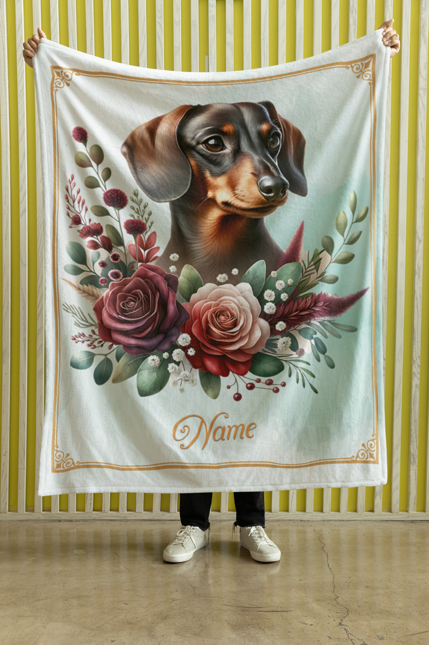 Personalized Dachshund with Flowers Throw Blanket - 50"x60" Custom Name Blanket
