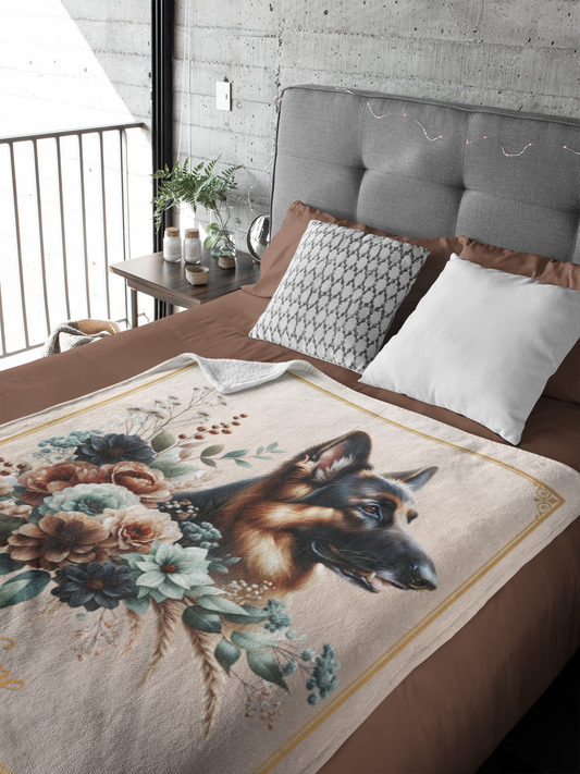 Personalized German Shepherd with Flowers Throw Blanket - 50"x60" Custom Name Blanket