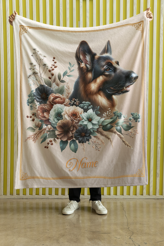 Personalized German Shepherd with Flowers Throw Blanket - 50"x60" Custom Name Blanket