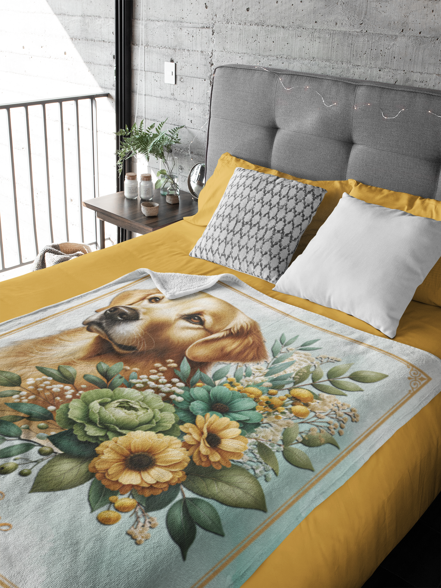 Personalized Golden Labrador Retriever with Flowers Throw Blanket - 50"x60" Custom Name Blanket