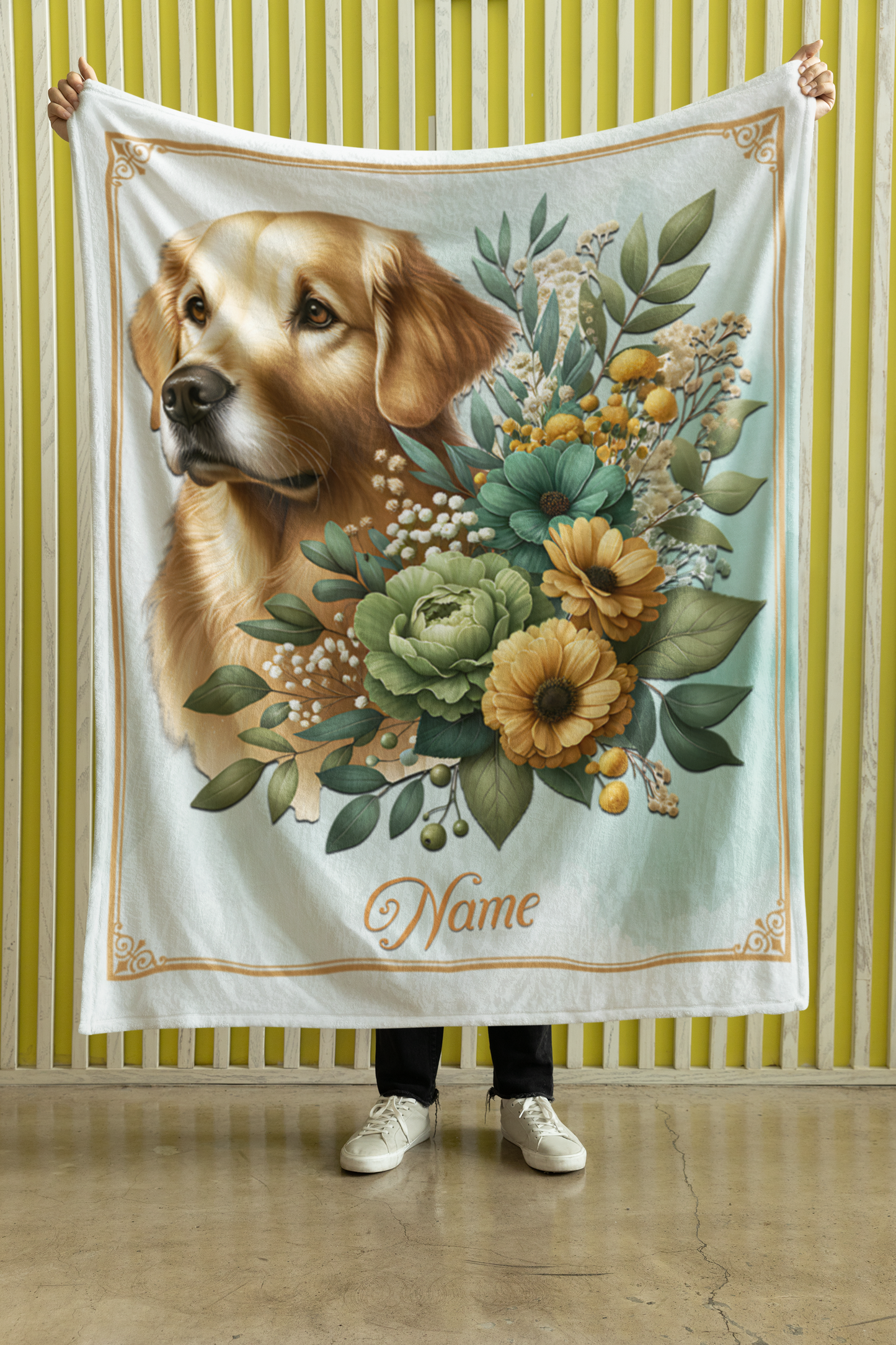 Personalized Golden Labrador Retriever with Flowers Throw Blanket - 50"x60" Custom Name Blanket