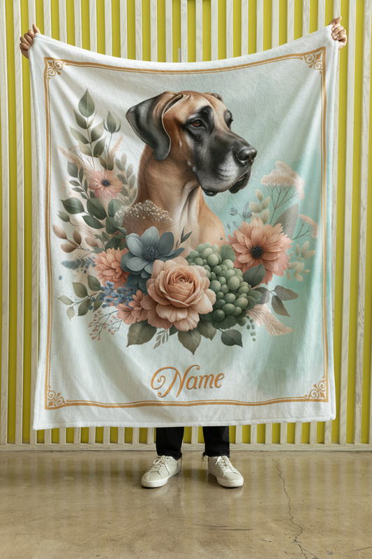Personalized Great Dane with Flowers Throw Blanket - 50"x60" Custom Name Blanket