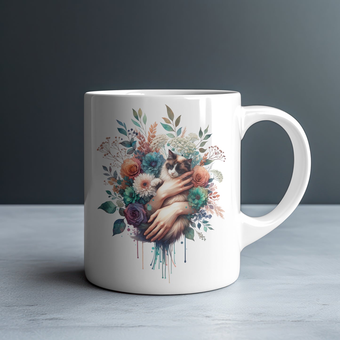 Personalized Ragdoll Cat Held in Loving Hands with Mixed Blooms Mug — Custom Name Gift
