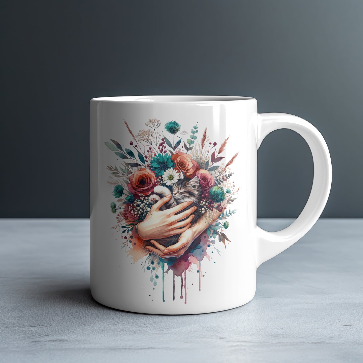 Personalized Tabby Kitten Held in Loving Hands with Roses and Wildflowers Mug — Custom Name Gift