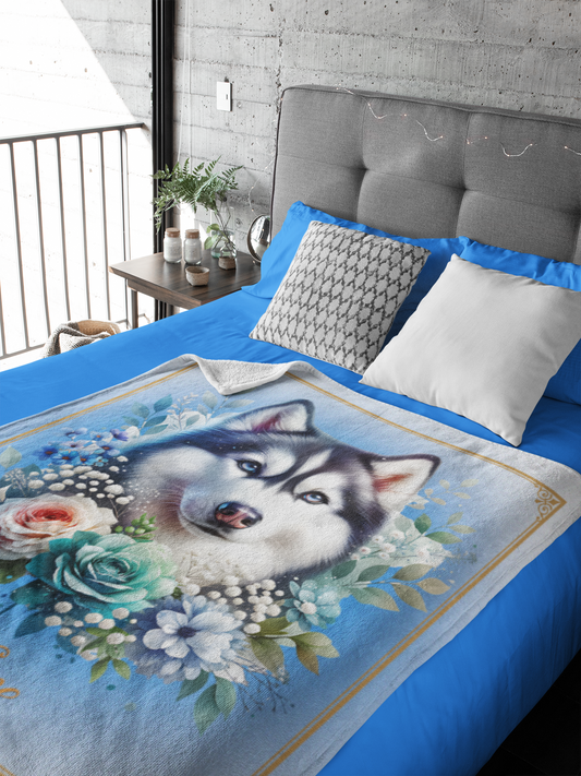 Personalized Siberian Husky with Flowers Throw Blanket - 50"x60" Custom Name Blanket