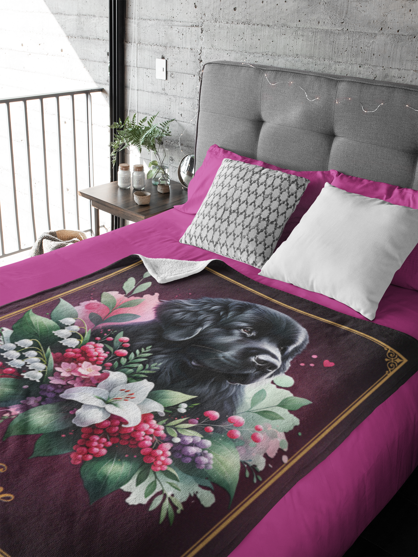 Personalized Newfoundland Dog with Flowers Throw Blanket - 50"x60" Custom Name Blanket