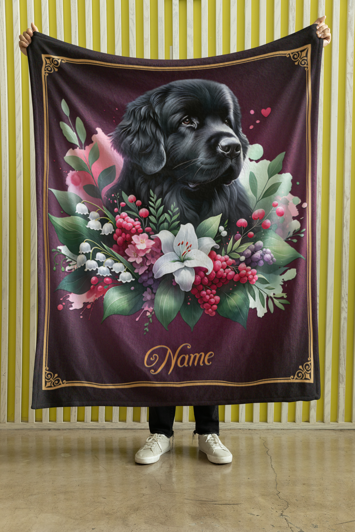 Personalized Newfoundland Dog with Flowers Throw Blanket - 50"x60" Custom Name Blanket